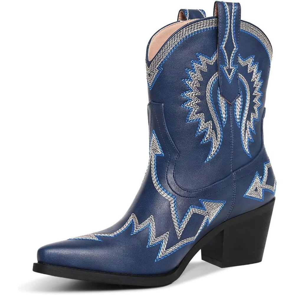 ⚡Women's Blue Metallic Embroidered Pointed Toe Cowgirl Boots Chunky Heel